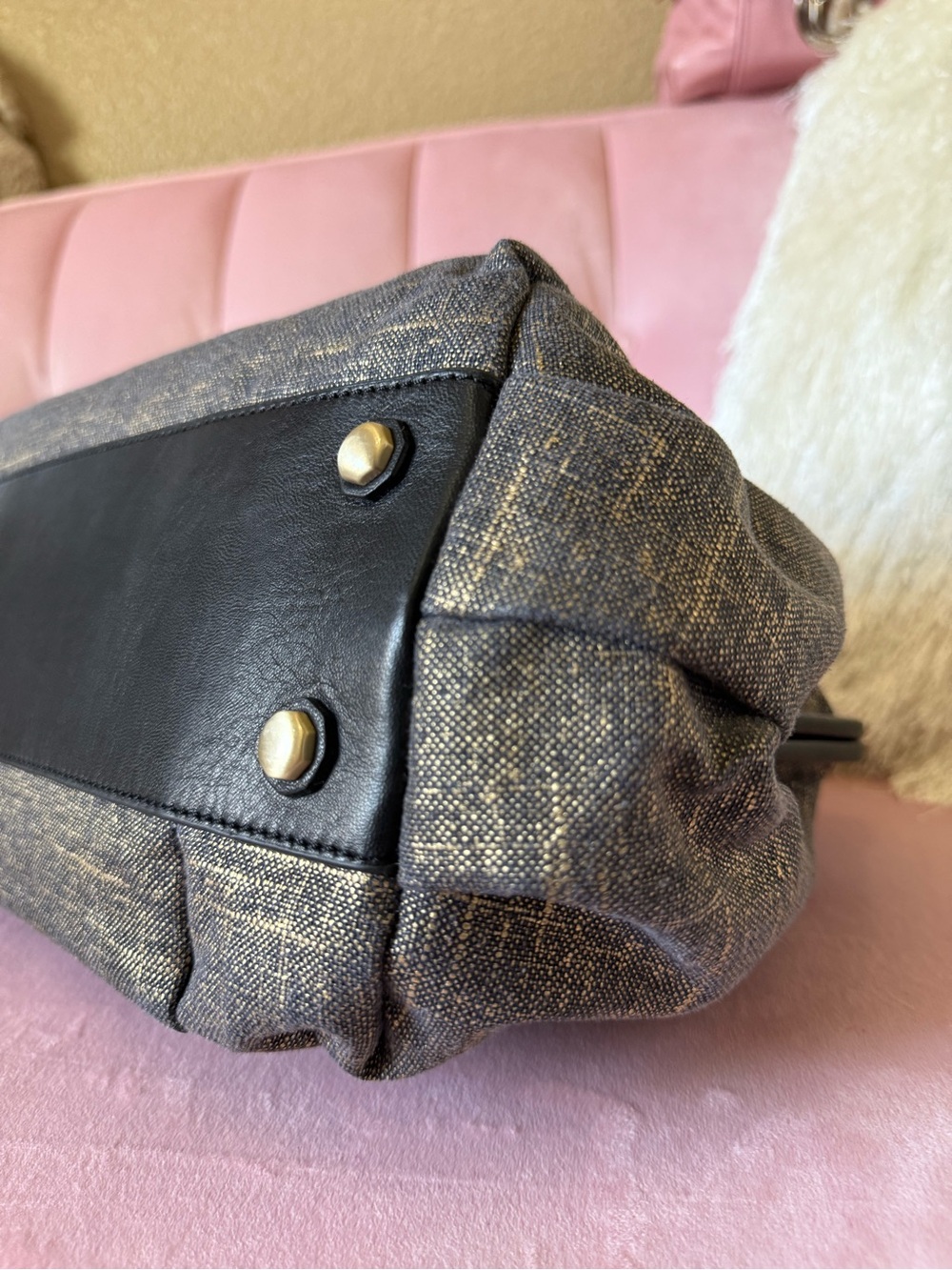 Halston Heritage Brushed Denim/Gold Doctors Bag w Leather Trim & Gold Hardware - Picture 11 of 16